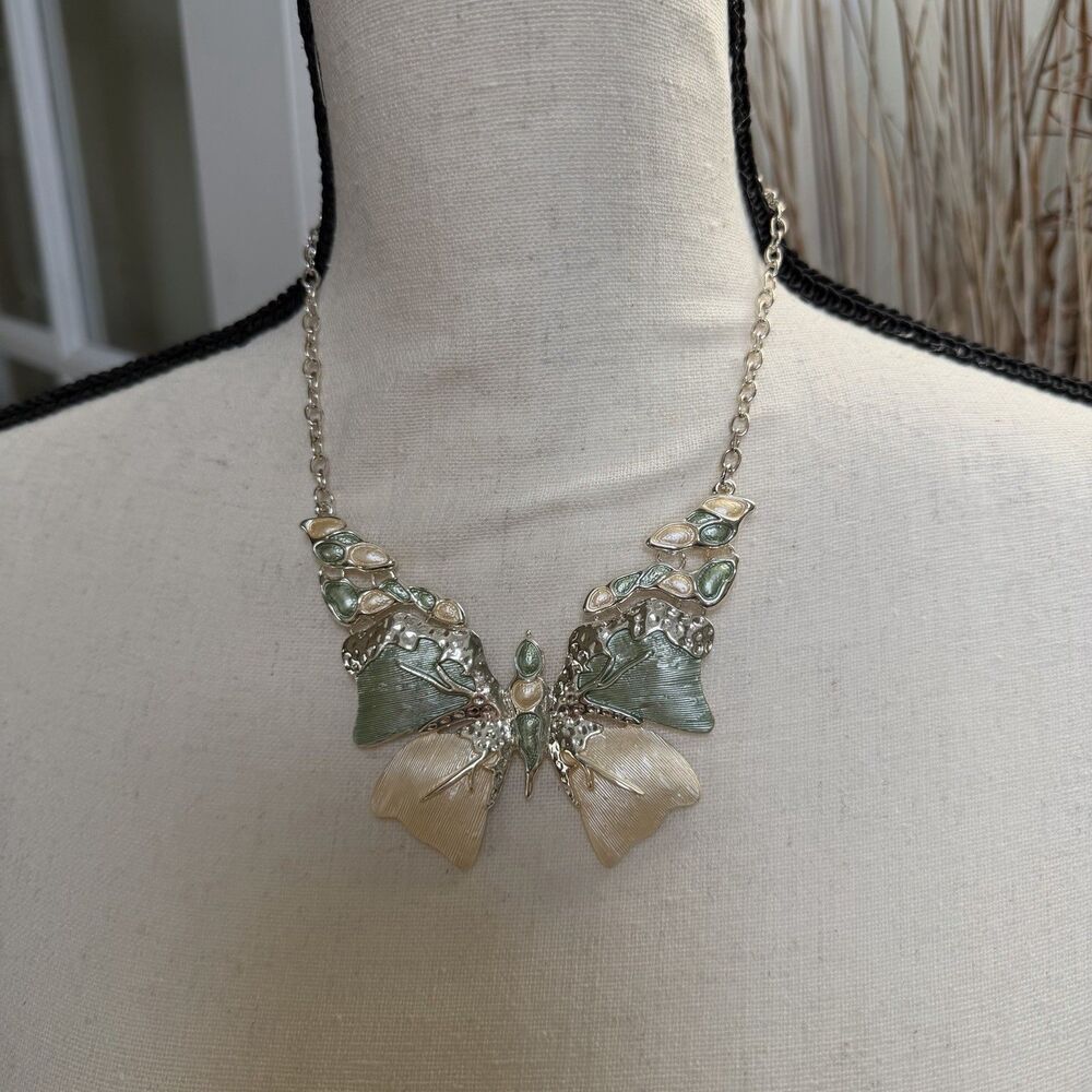 Metal Butterfly Women's Necklace Pastel Green and Yellow Silver Colored Chain